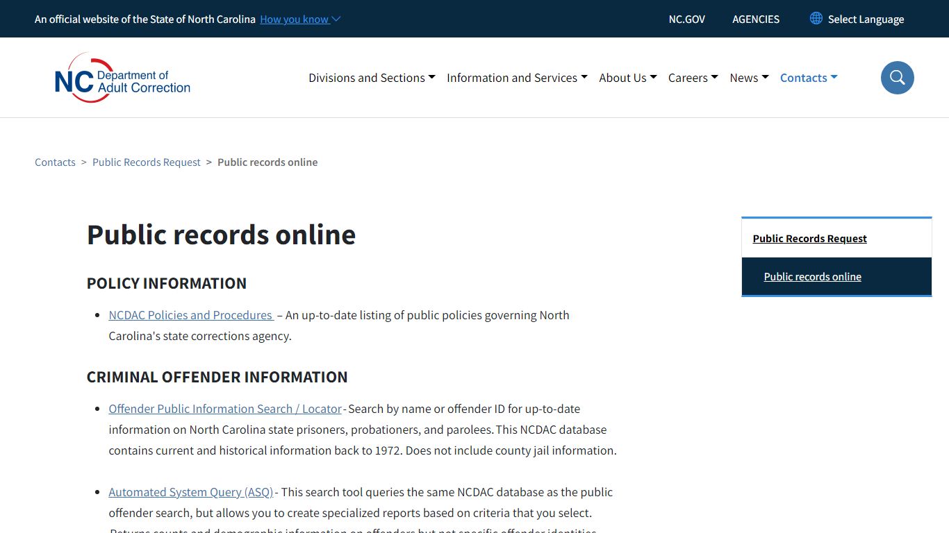 Public records online | NC DAC
